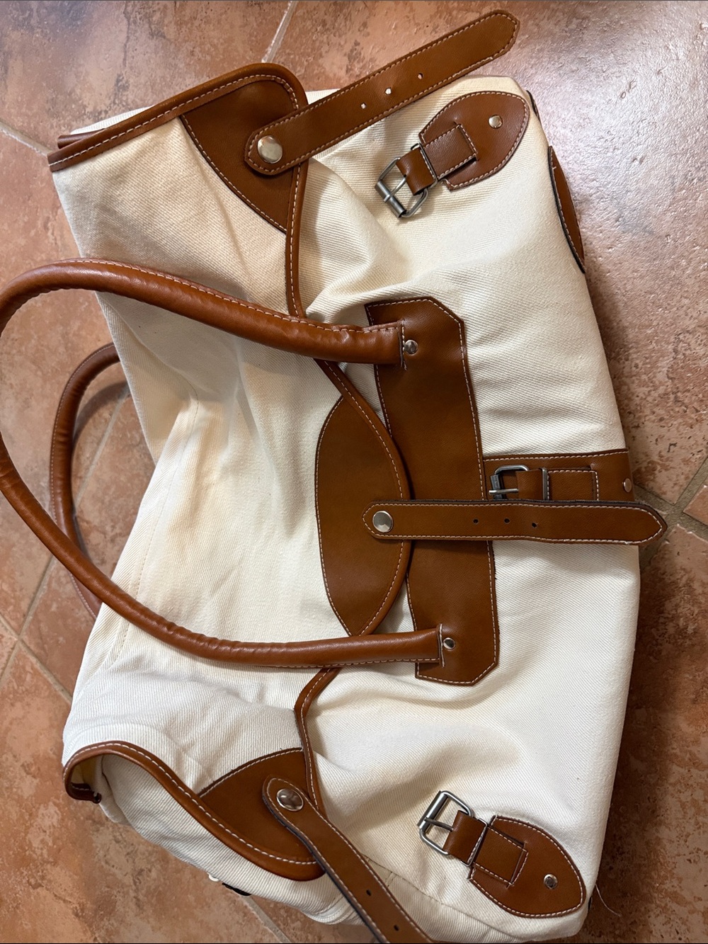 Canvas and Brown Leather Trim Weekender Bag - Picture 9 of 9